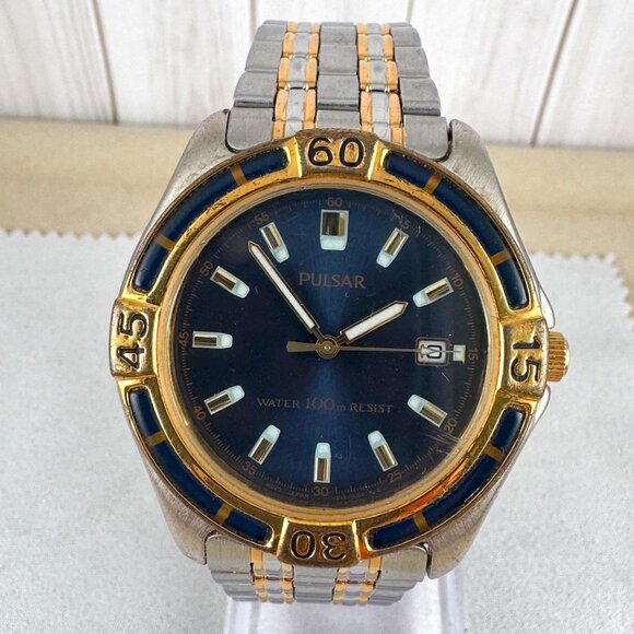 Pulsar 2 Tone Gold and Silver Watch with a Stunning Midnight Blue Dial - Picture 1 of 8